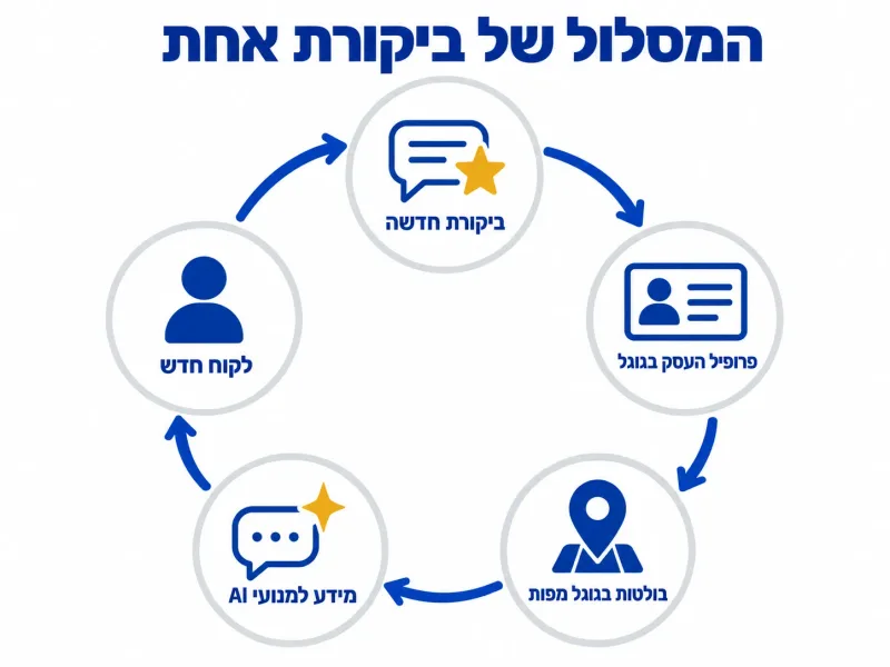 תרשים מעגלי שמראה איך ביקורת גוגל אחת מחזקת את הבולטות בגוגל מפות, מוסיפה מידע למנועי AI ומביאה לקוח חדש